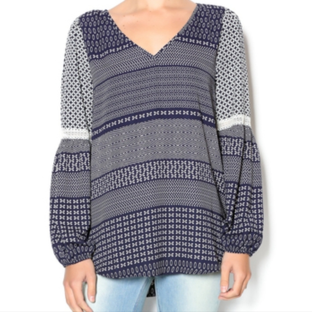 Pink Owl Blouse with Crochet Sleeve Detail Navy Ivory Print - Size L